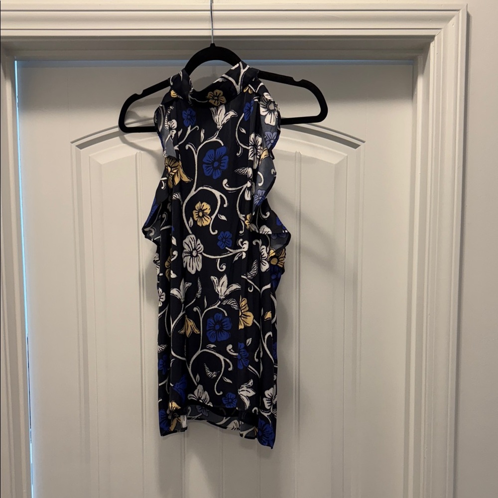NWT Ann Taylor Black Blouse with Blue and Yellow Floral Design